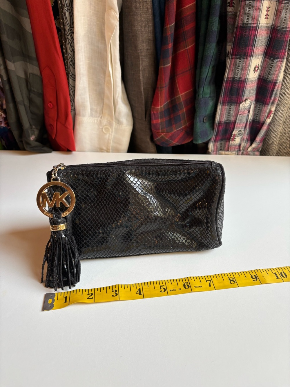 Michael Kors Black Snake-Embossed Tassel Zip Pouch